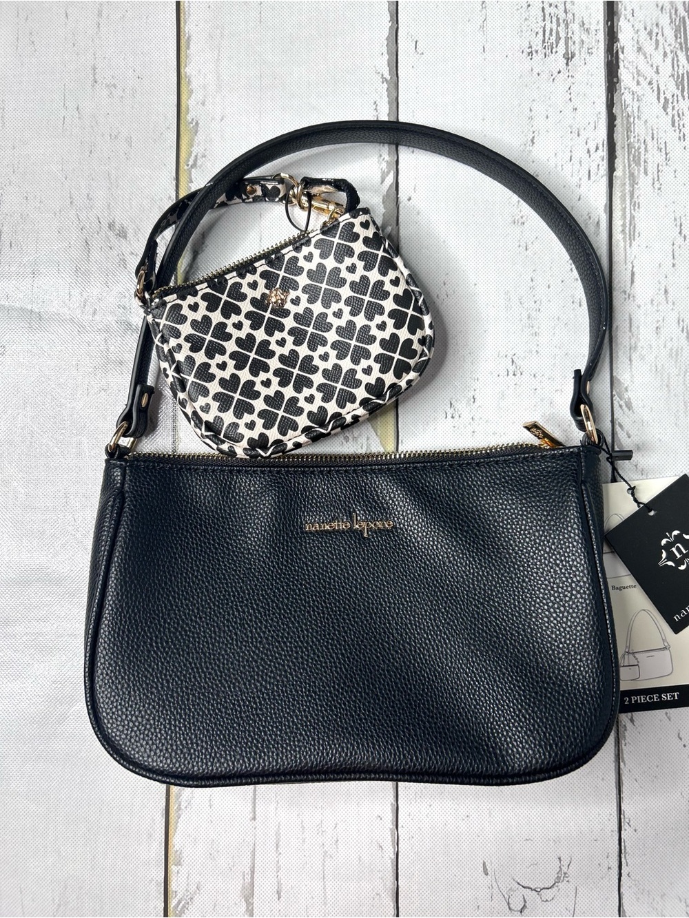 Nanette Lepore Black Shoulder Bag with Black & White Patterned Coin Pouch